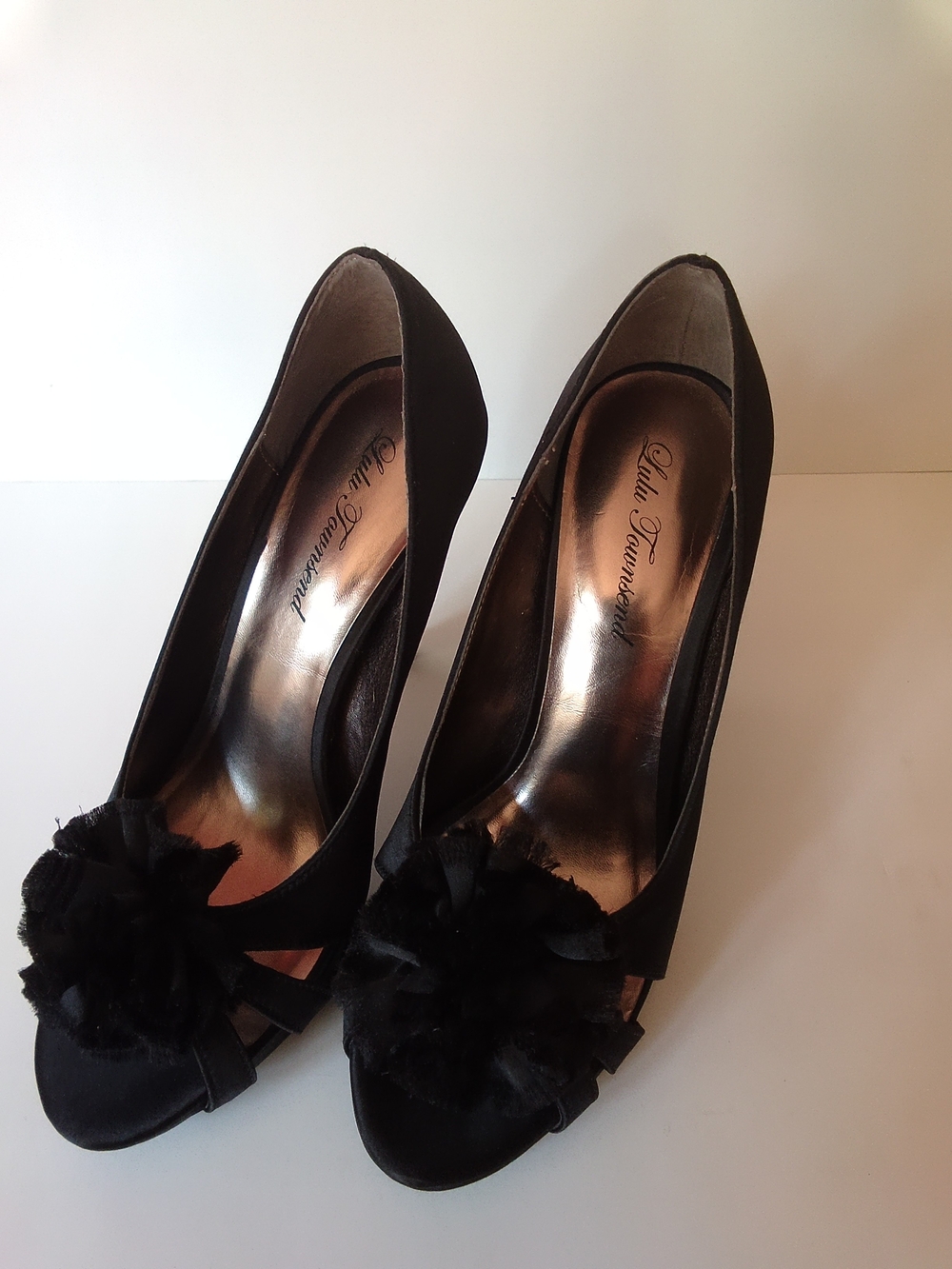 Lulu Townsend Black Peep-Toe Heels with Fabric Flower